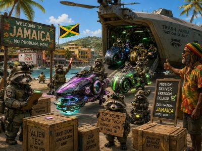 Robot raccoons deliver alien tech in Jamaica.