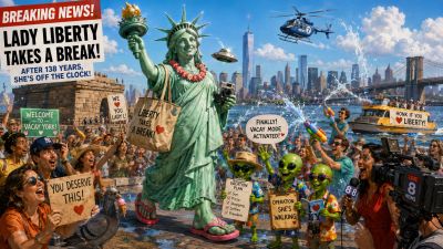 The Statue of Liberty takes a vacation, surrounded by cheering crowds and aliens.