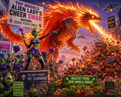 Alien cheerleaders summon a fiery dragon in a candy-filled battlefield for healthy food.