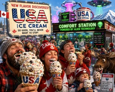 People enjoying USA Ice Cream at an alien-themed comfort station.