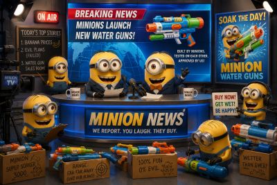 Minions launch new water guns in a lively news studio.
