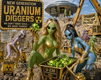 Aliens mining uranium under a "New Generation Uranium Diggers" banner.