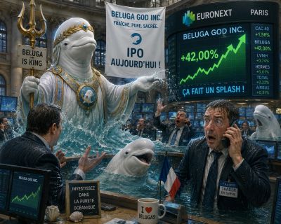 Beluga god statue with rising stock market scene.