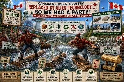 Humorous Canadian party celebrating replacing lumber tech with alien innovation in a log-rolling contest.
