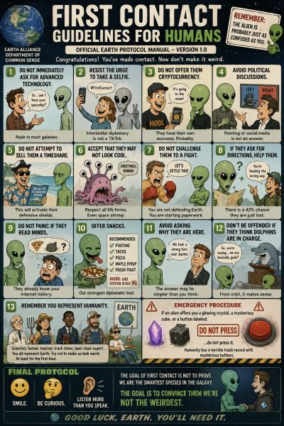 Comic-style guide with humorous tips for humans on first contact with aliens.