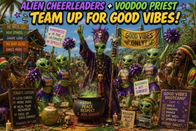 Alien cheerleaders and a voodoo priest spread good vibes in a colorful, lively scene.