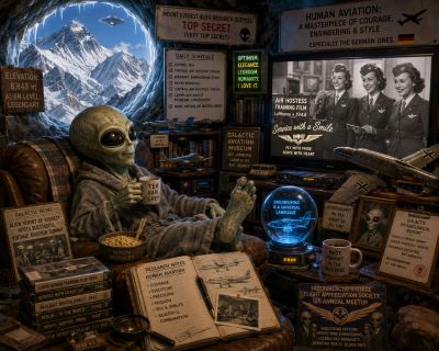 An alien relaxing in a mountain cabin surrounded by historical aviation artifacts and books.