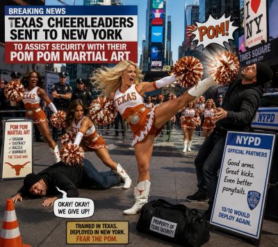 Texas cheerleaders use pom pom martial art to assist New York security.
