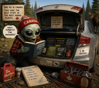 An alien discovers Canadian secrets hidden in a Honda's trunk in a forest setting.