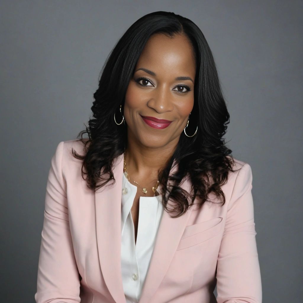 Confident woman in a pink blazer smiling against a gray background.