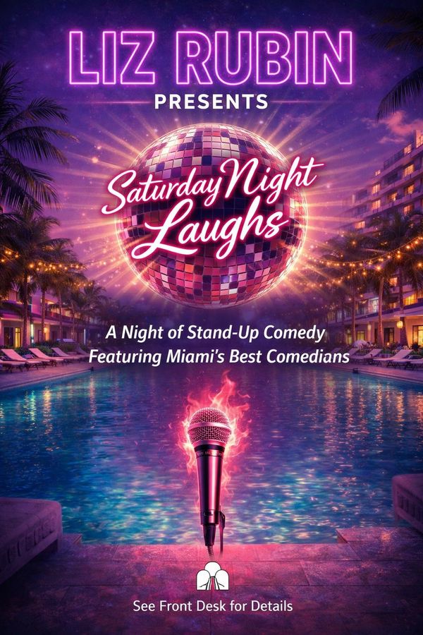 Colorful poster for a Miami stand-up comedy night with a glowing microphone and disco ball.