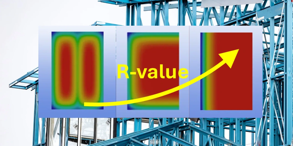 Heat distribution diagrams showing increasing R-value in building insulation.