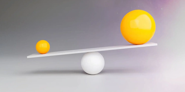 Two yellow spheres of different sizes balanced on a white plank over a white sphere.