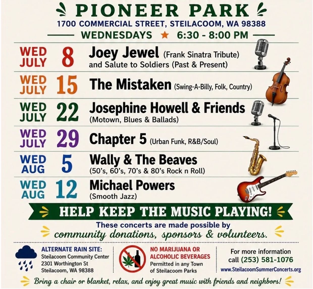 Pioneer Park summer concert schedule with various musical acts.