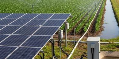 Solar panels powering irrigation in a green agricultural field.