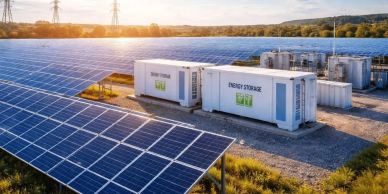 Solar panels with energy storage units under a bright sky.