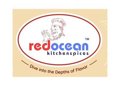 Logo of Red Ocean Kitchen Spices with a chef illustration and slogan.