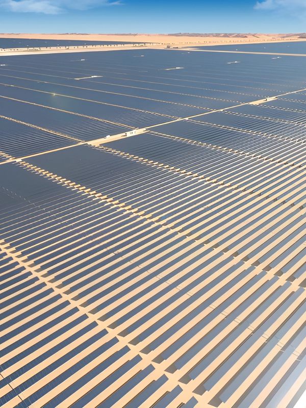 A vast solar panel farm in a desert under a blue sky.