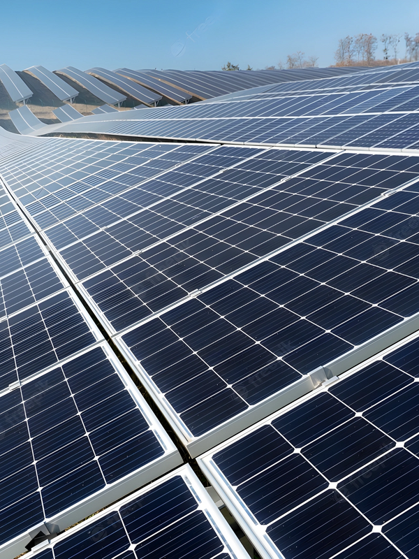 Rows of solar panels under a clear blue sky.