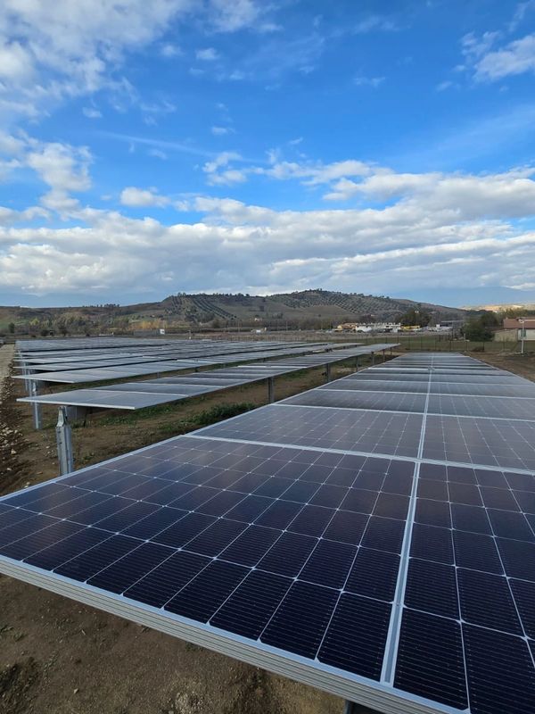 Solar panels array under a partly cloudy sky in a rural area.