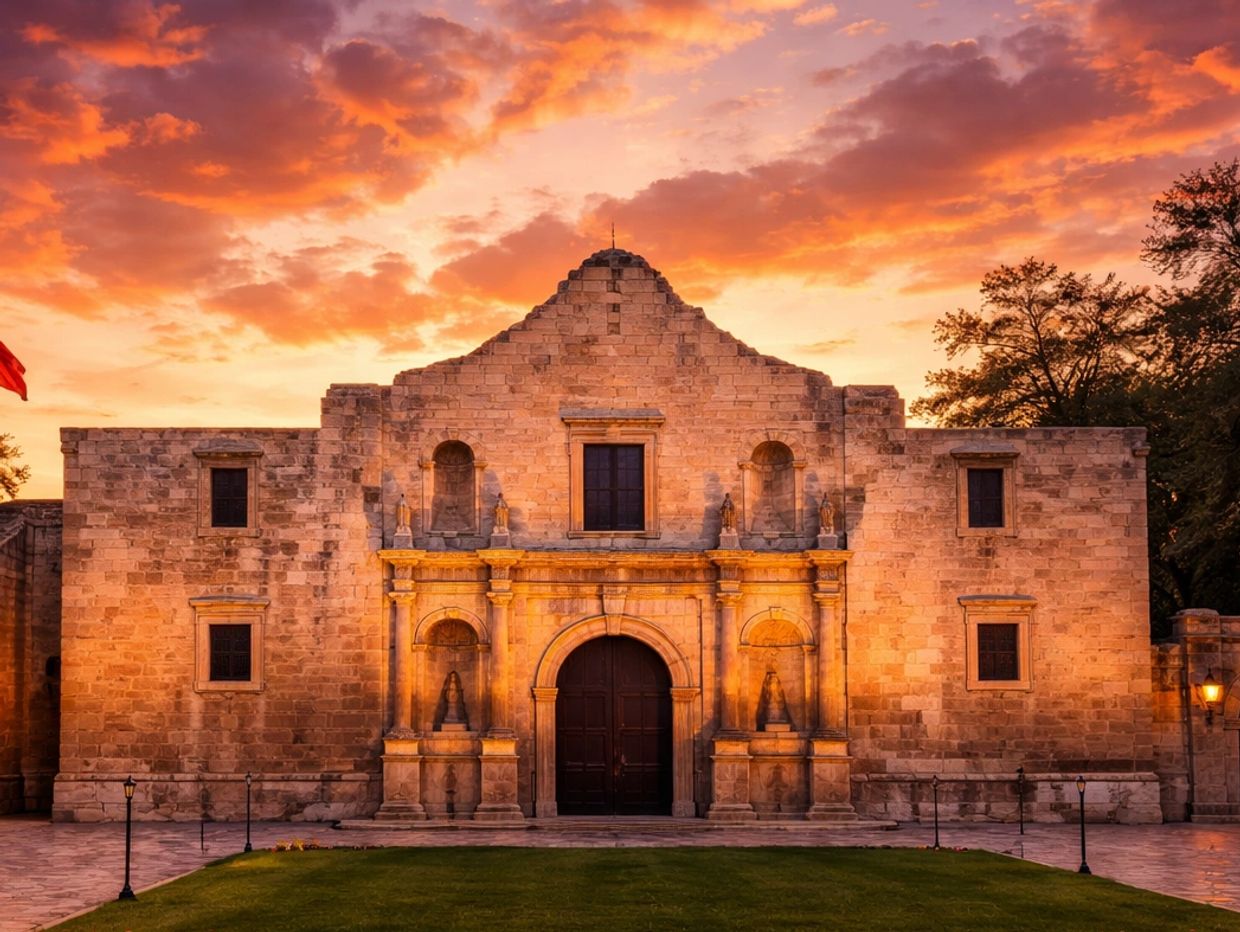 The Alamo at sunset with vibrant orange sky.