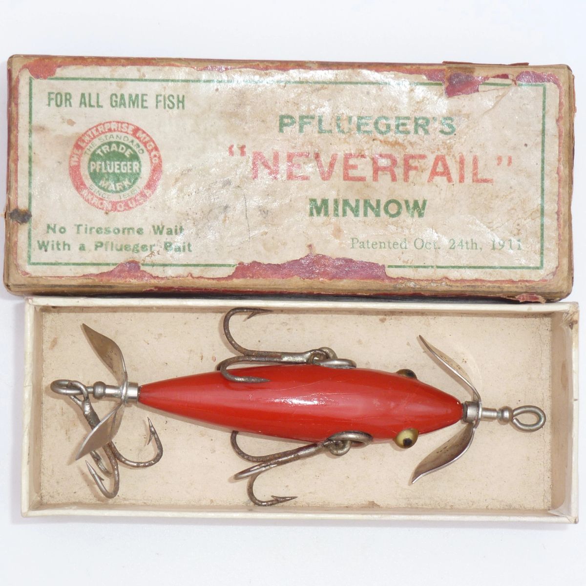 Circa 1912-13 Pflueger Neverfail 3-Hook Minnow in Scarce, Intro Neverfail  Hardware Box