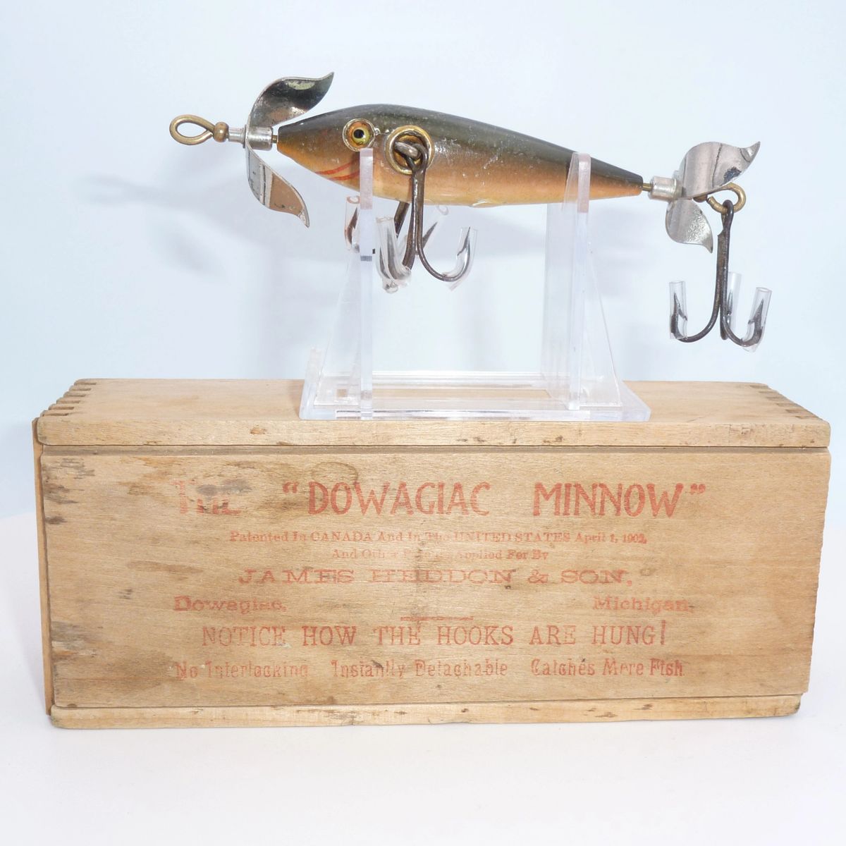 Heddon High Forehead, Brass Hardware, circa-1905, 101 Underwater Minnow in  Correct Box