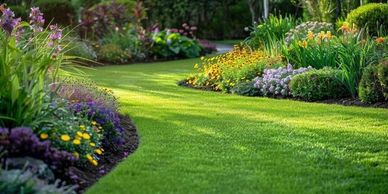A lush garden path bordered by vibrant flowers and greenery.