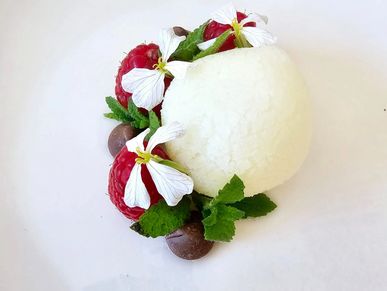 elegantly plated indian sweets rasgulla with edible flowers by IDK Culinary Experiences in San Franc