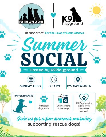 Flyer for a dog rescue summer social hosted by K9 Playground.