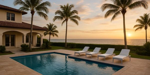 Luxury poolside with lounge chairs and palm trees at sunset by the ocean.