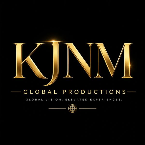 Golden KJNM Global Productions logo on black background.