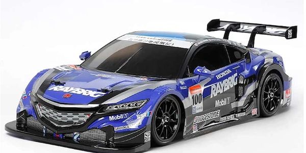 Blue and black Honda Raybrig GT race car model with sponsor decals.