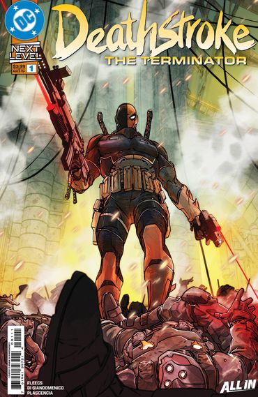 Deathstroke stands victorious on a pile of defeated enemies, guns drawn.