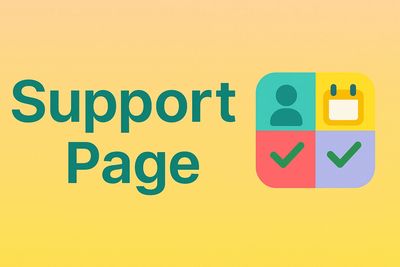 Support Page text with colorful icons on a yellow background.