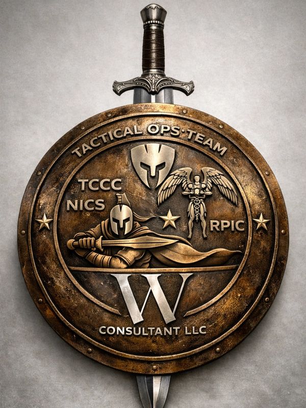 Shield emblem of Tactical Ops Team with sword and warrior design.