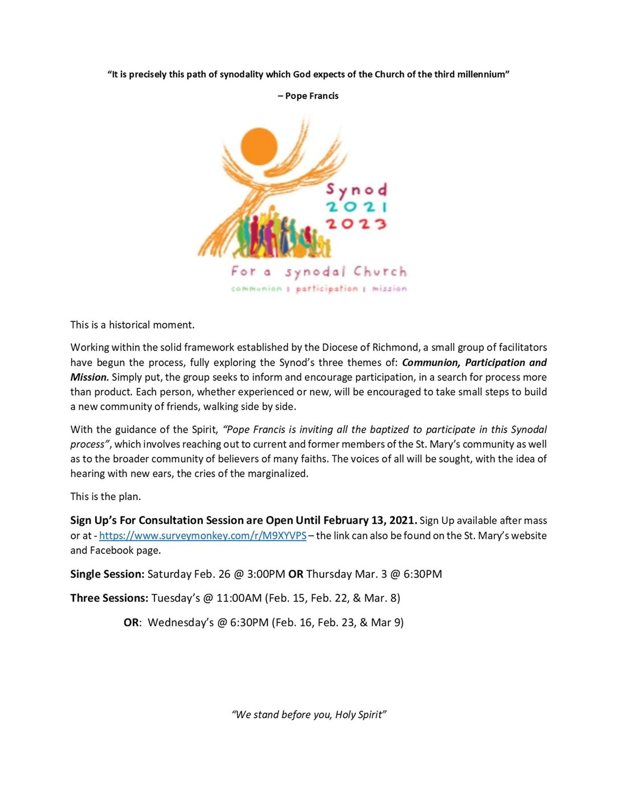 Announcement for Synod 2021-2023 consultation sessions by the Diocese of Richmond.
