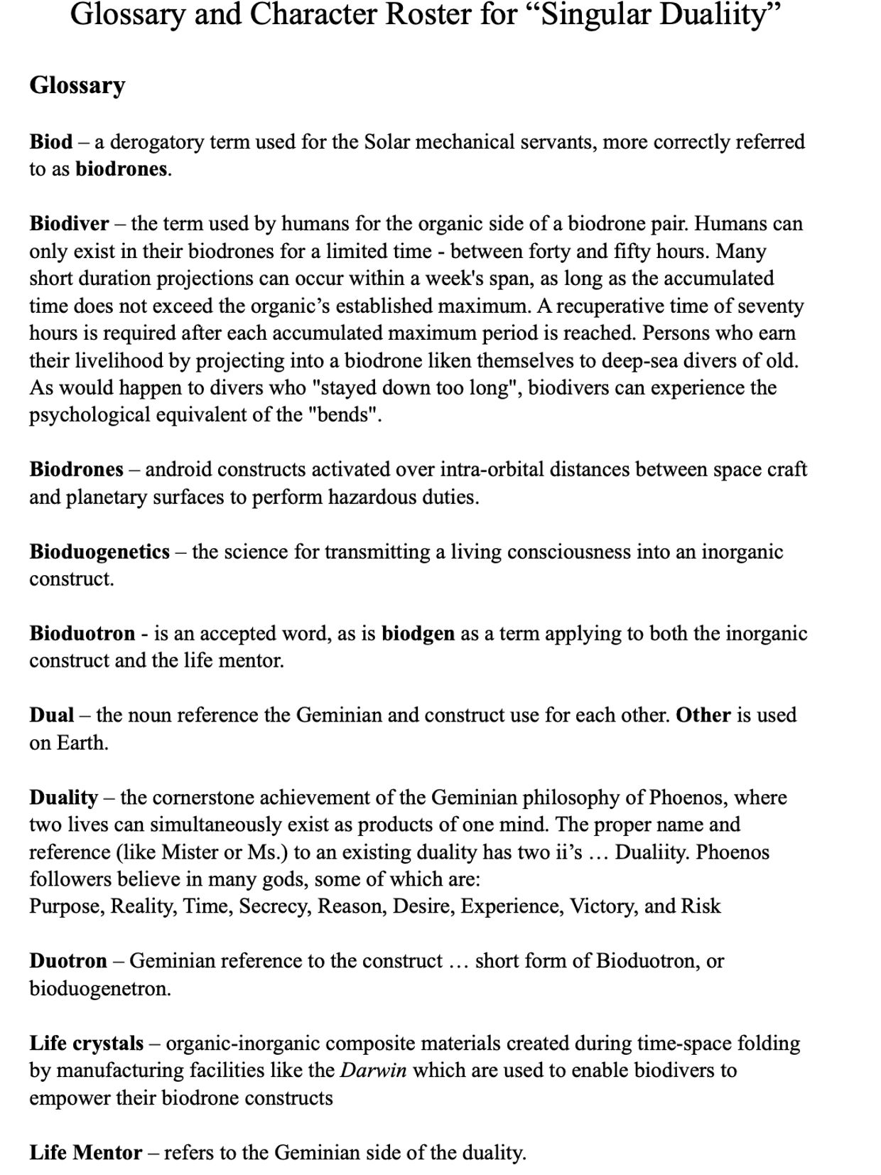 Glossary defining terms related to biodrones, biodivers, and Geminian duality in 'Singular Duality'.