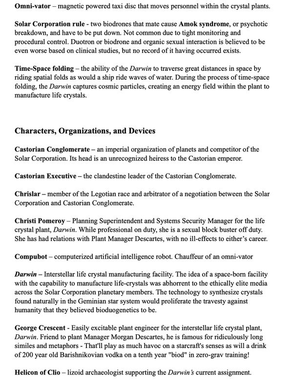 Text excerpt about sci-fi characters and concepts related to the Darwin life crystal plant.