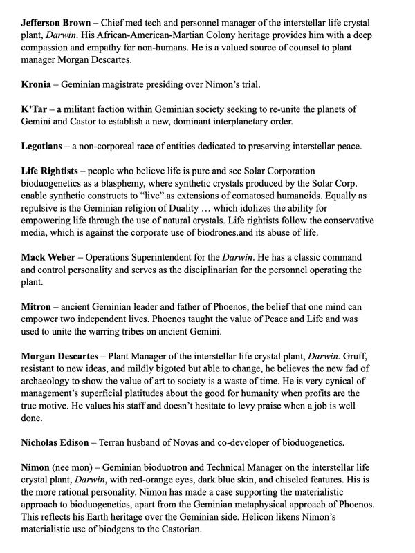 Text listing characters and concepts from a sci-fi story about interstellar life crystals and Gemini society.