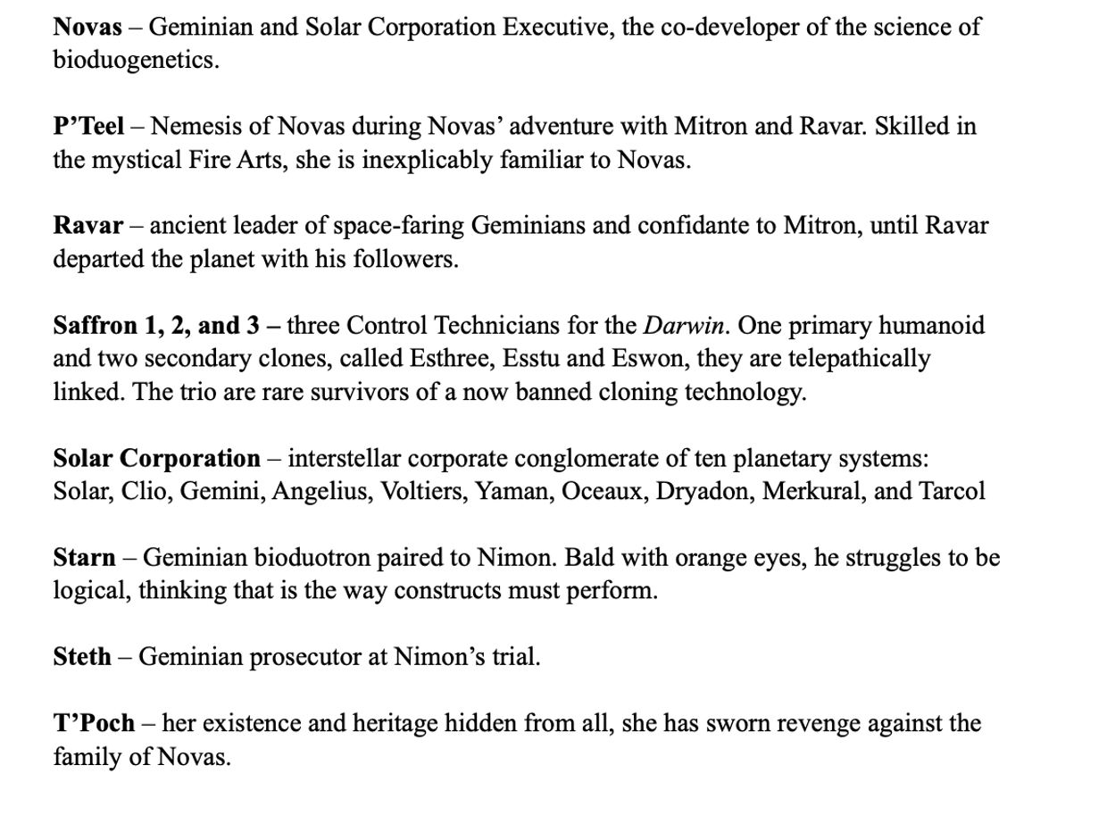 Character and organization descriptions from a sci-fi narrative involving Geminians and bioduogenetics.