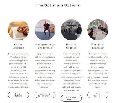 Optimum Coaching options on the homepage with design by Hwb Mon web development North Wales