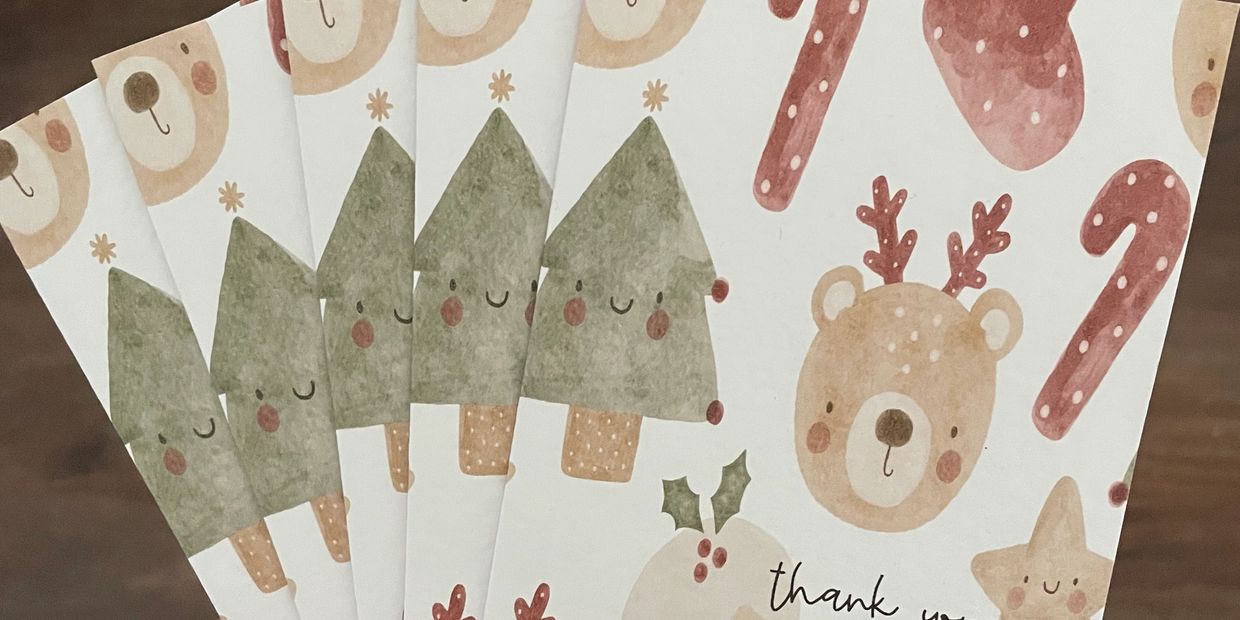 Christmas cards selection - hand drawn style with rudolph, Christmas trees and candy canes. 