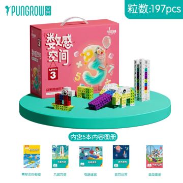 PUNGROW Level 3 math building blocks set with 197 pieces and 5 activity booklets.