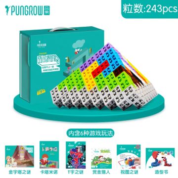 Colorful PUNGROW puzzle blocks set with 243 pieces and six game modes.