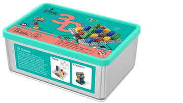 3D Sudoku educational toy set with colorful pieces in a metal box.