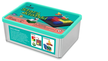 Story Klotski puzzle game with colorful pieces and creation figures in a teal-topped box.
