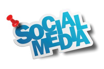 Blue text 'SOCIAL MEDIA' pinned with a red pushpin.