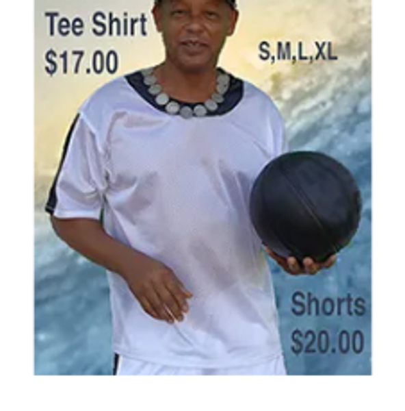 Shirt and short set, white with black trim.