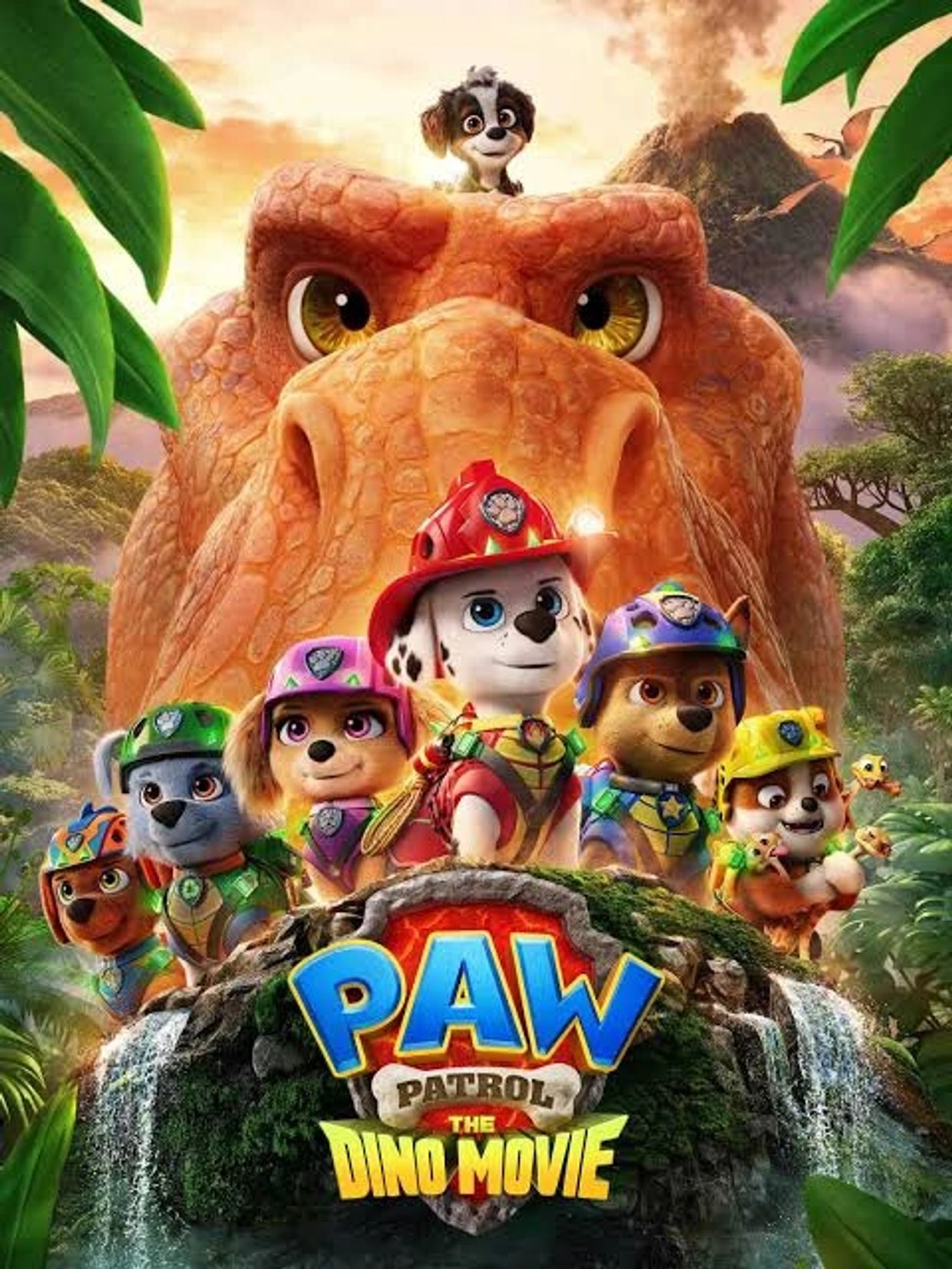 PAW Patrol characters with a dinosaur in the background.